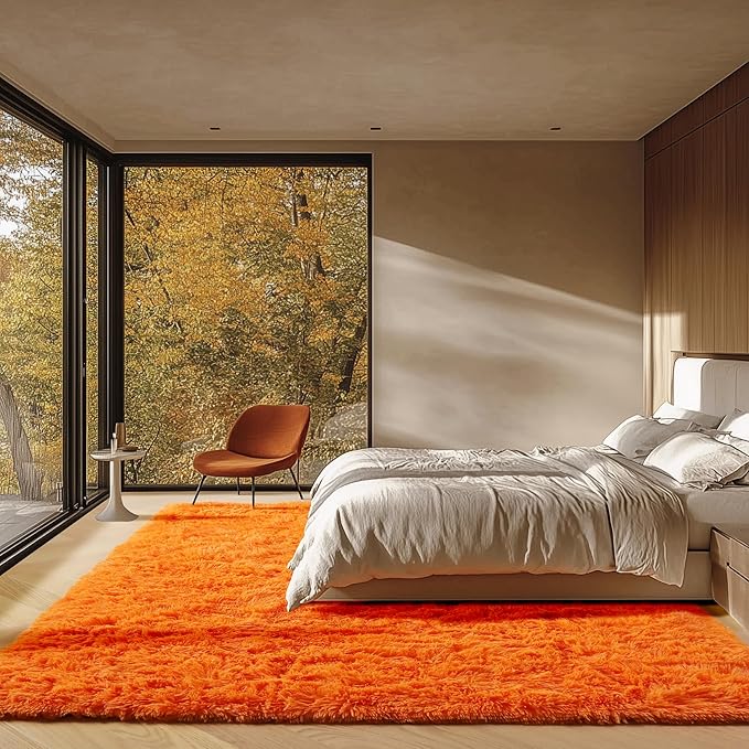 Orange Rugs for Living Room Bedroom, 5x8 Fluffy Bedside Area Rug, Soft Plush - Image 4