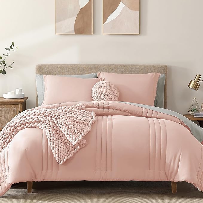 Monbix Queen Comforter Set - 7 Pieces Light Pink Bed in a Bag Queen Bedding Sets with Comforters, All Seasons Down Alternative Comforter Bed Set with Sheets, Pillowcases & Shams