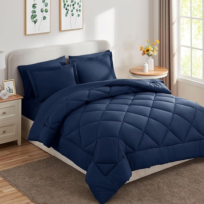 CozyLux King Size Comforter Set Navy Blue - 7 Pieces Bed in a Bag King, Luxury Soft Bed Set for All Seasons, Bedding Set with Down Alternative Comforter, Sheets, Pillowcases & Shams