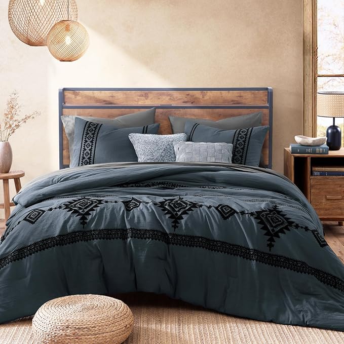 MaiRêve Embroidery King Size Comforter Set Blue Grey, Boho Farmhouse Western Bedding Set 7 Pieces, All Season Bed in A Bag Comforter Set with Sheets, Pillowcases & Shams