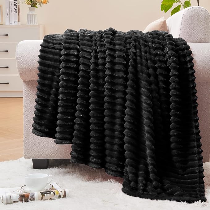 BEDELITE Ribbed Jacquard Black Fleece Throw Blanket by BEDELITE