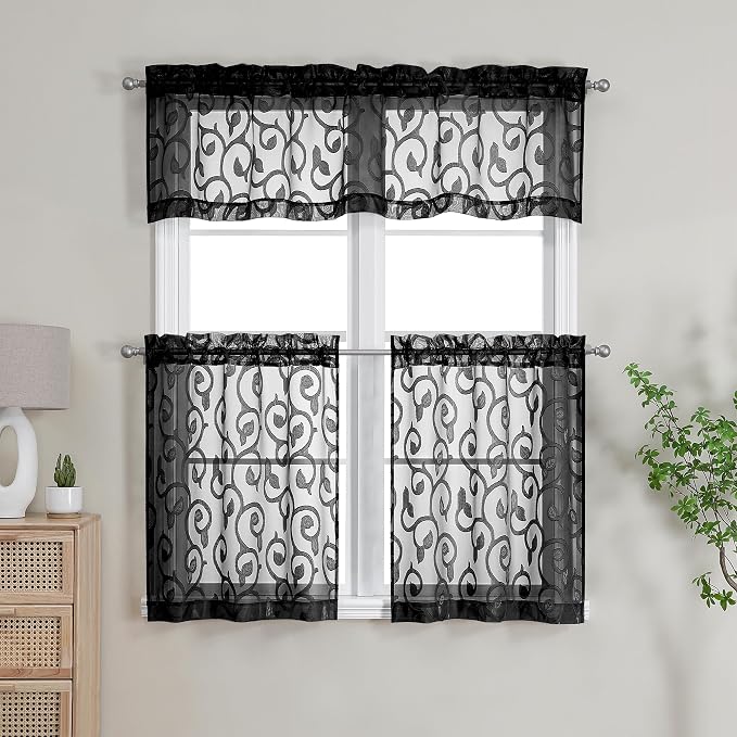 Furman Black Sheer Curtains Tiers 24 Inch Length 2 Panels Set, Airy Lightweight - Image 7