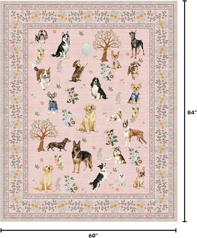 Pink Dogs Animal Area Rug 5x7 for Living Room Bedroom | Ultra-Thin;Boho Style; - Image 3