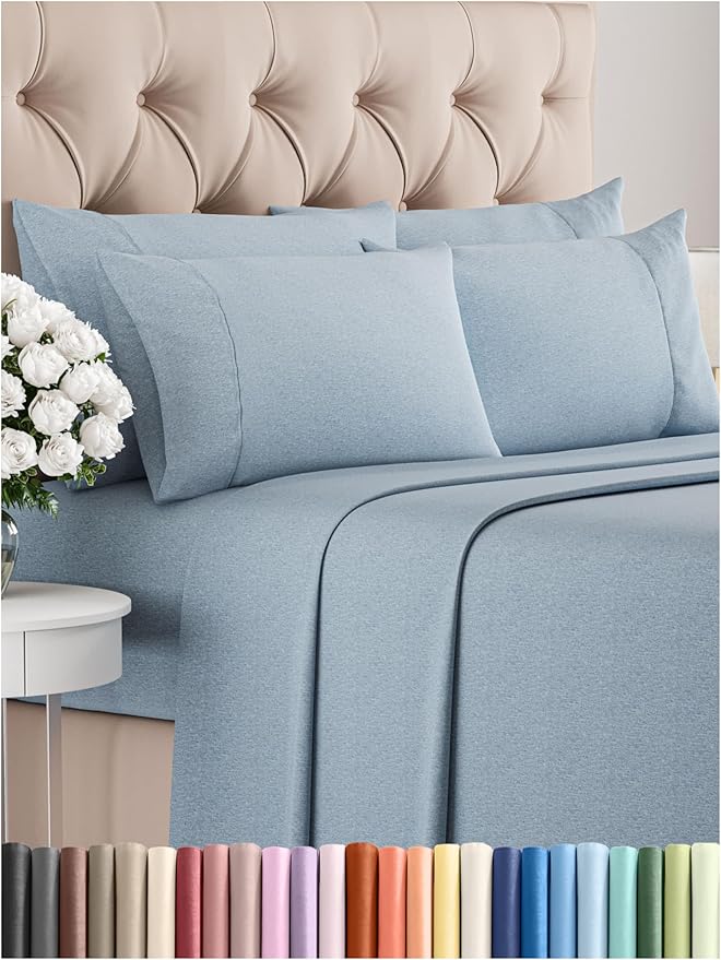 Full 6 Piece Sheet Set - Comfy Breathable & Cooling - Soft Hotel Luxury Bedding Set with 8-16 Inch Deep Pockets - 1 Flat & 1 Fitted Sheet & 4 Pillowcases - Wrinkle Free & Easy Care - Heathered Blue