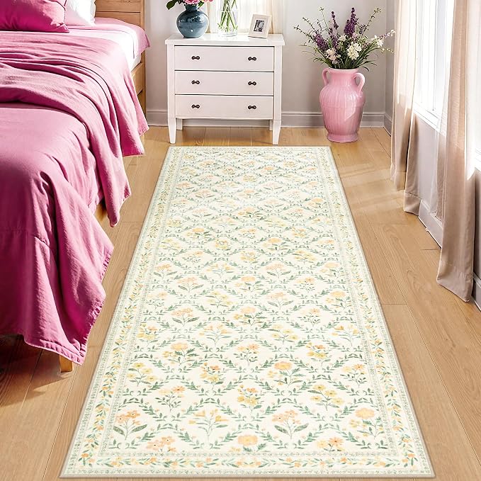PLHXFR 2.6x8 Washable Runner Rug：Floral Indoor Kitchen Carpet Beige Multi | - Image 2