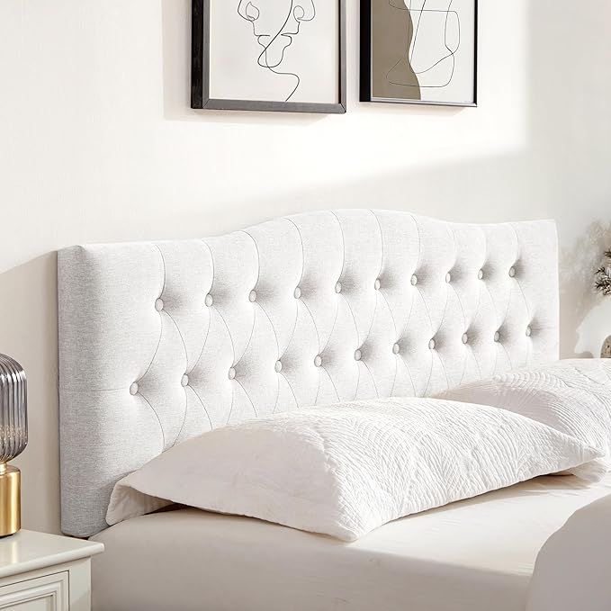 Tufted Upholstered Headboard Queen Size, Sturdy & Durable Solid Wood Bed headboard, Fabric Headboard Adjustable Height from 37” to 51”, Modern Button Diamond Design Head Board, White
