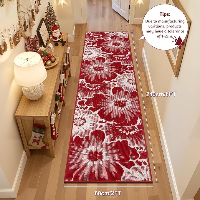 Findosom Christmas Runner Rug 2x8, Non Slip High-Low Textured Floral Washable - Image 2