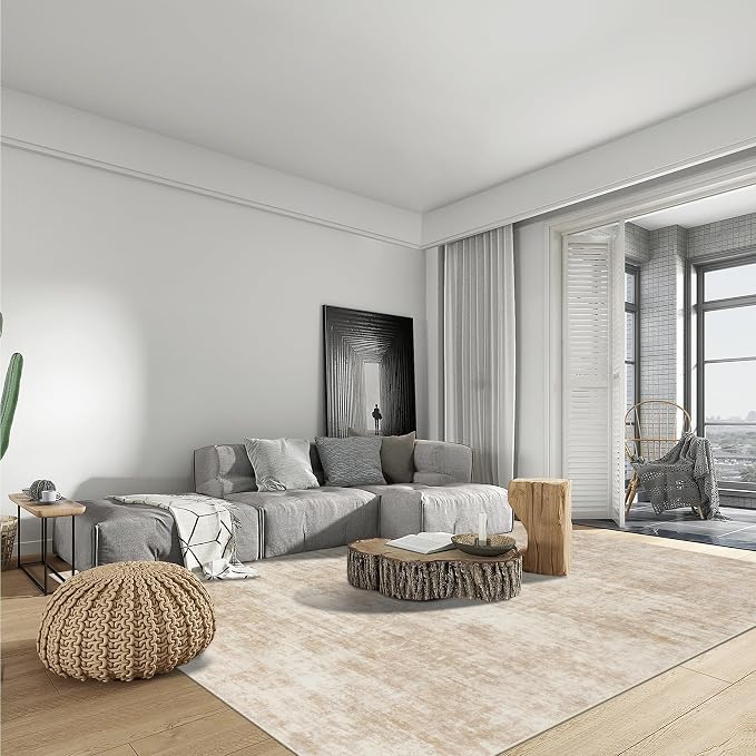 8x10 Area Rugs for Living Room: Washable Abstract Beige Badroom Carpet | - Image 3