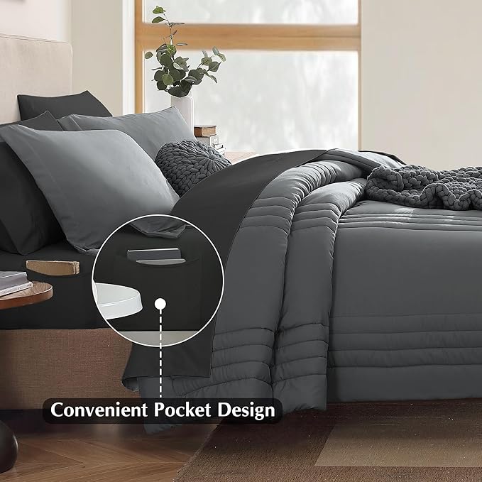 Monbix California King Size Comforter Set - 7 Pieces Bed in a Bag California King, Grey Bedding Sets with Comforter, All Seasons Down Alternative Comforter Bed Set with Sheets, Pillowcases & Shams