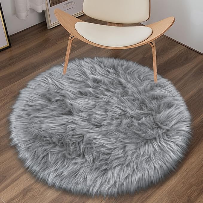 Faux Fur Grey Round Rugs 3ft for Bedroom, Small Fluffy Fuzzy Circle Rug Furry - Image 3