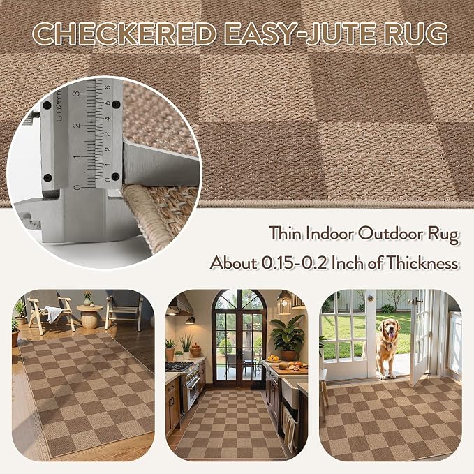 Lahome Checkered Easy Jute 3x5 Outdoor Rug, Washable Rugs - Image 4