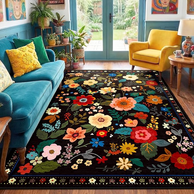 RELEANY Floral Washable 5x8 Area Rugs Black | Flower Carpet Print Boho Cute Non by RELEANY