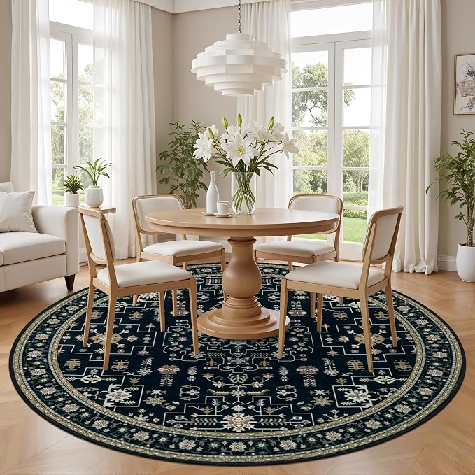 Round Area Rug for Living Room: 4ft Washable Rug for Bedroom Black | Vintage - Image 3