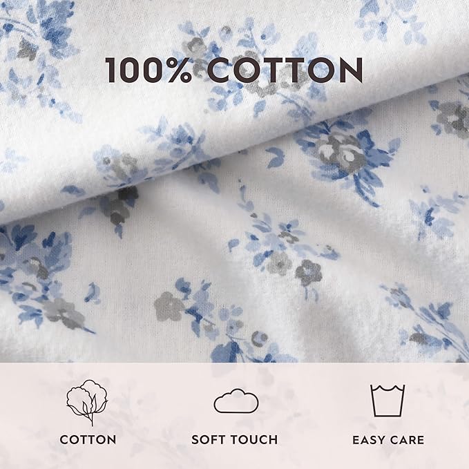 Laura Ashley - Flannel Sheets King Size, Anti-Pilling & Wrinkle Resistant Cotton, Touchably Soft for All-Season Comfort - Bed Sheets with Matching Pillowcases & Fitted Sheet (Audrey Blue)