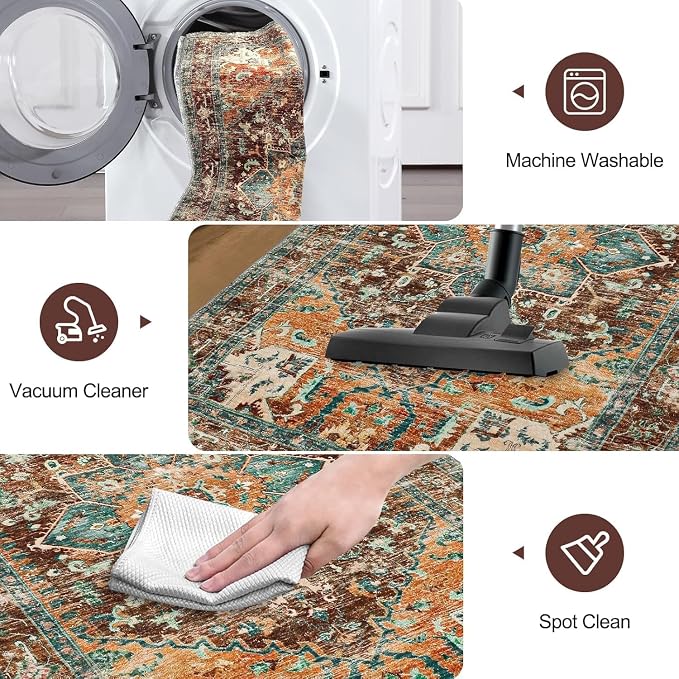 Yamaziot Washable Runner Rug, 3x7 Non-Slip Boho Vintage Hallway Kitchen Rug | - Image 4