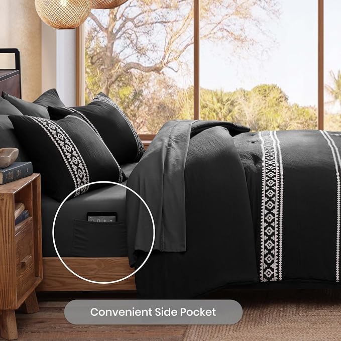MaiRêve Embroidery California King Size Comforter Set Charcoal Black, Boho Farmhouse Western Bedding Set 7 Pieces, All Season Bed in A Bag Comforter Set with Sheets, Pillowcases & Shams