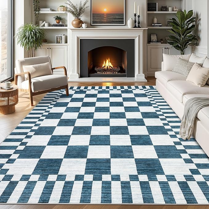 GarveeHome 8x10 Area Rugs Geometric Washable Modern Navy Blue Checkered Rug | by GarveeHome