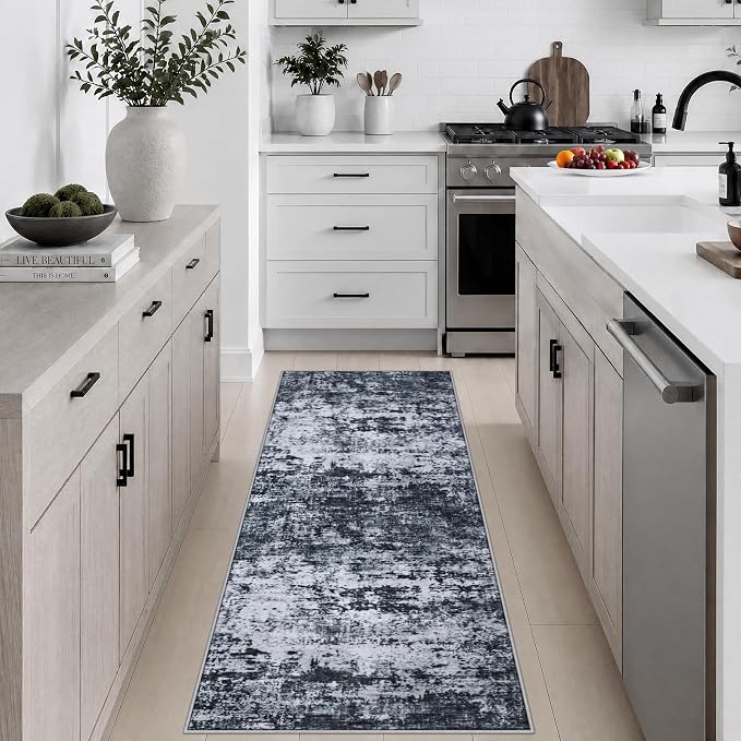 2x5 Washable Runner Rug：Modern Abstract Kitchen Carpet Black | - Image 5