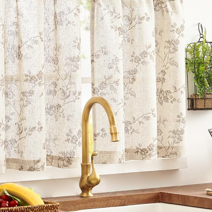 Taupe on Beige Linen Kitchen Curtains Rod Pocket 26W X 24L 2 Panels | Elisa - Image 7