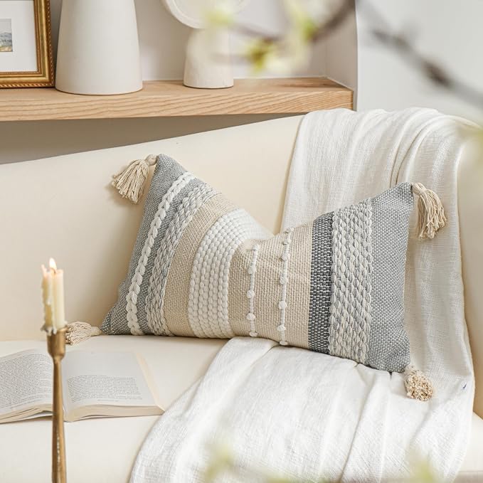 Decorative Lumbar Throw Pillow Cover 14x24 Boho Gray Accent Cushion - Image 7