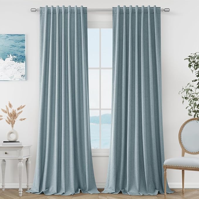 Blue 100% Blackout Linen Curtains 108 Inch Length 2 Panels Set by Guken
