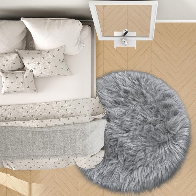 Grey Round Rugs for Bedroom, 4x4 Ft Fluffy Circle Area Rug for Kids Room - Image 6