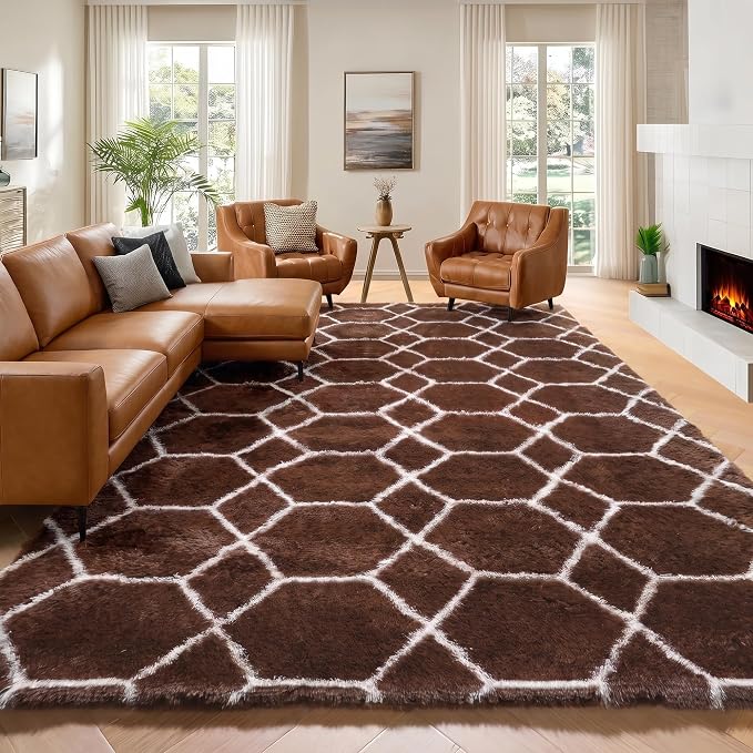 6x9 Area Rugs for Living Room Bedroom, Fluffy Brown and White Geometric Rug | by ONASAR