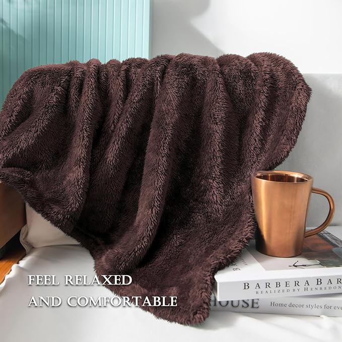 Exclusivo Mezcla Plush Fuzzy Fleece Bed Blanket Queen Size, Super Soft, Fluffy and Warm Blankets，Suitable for All Seasons (Coffee, 90x90 Inches)