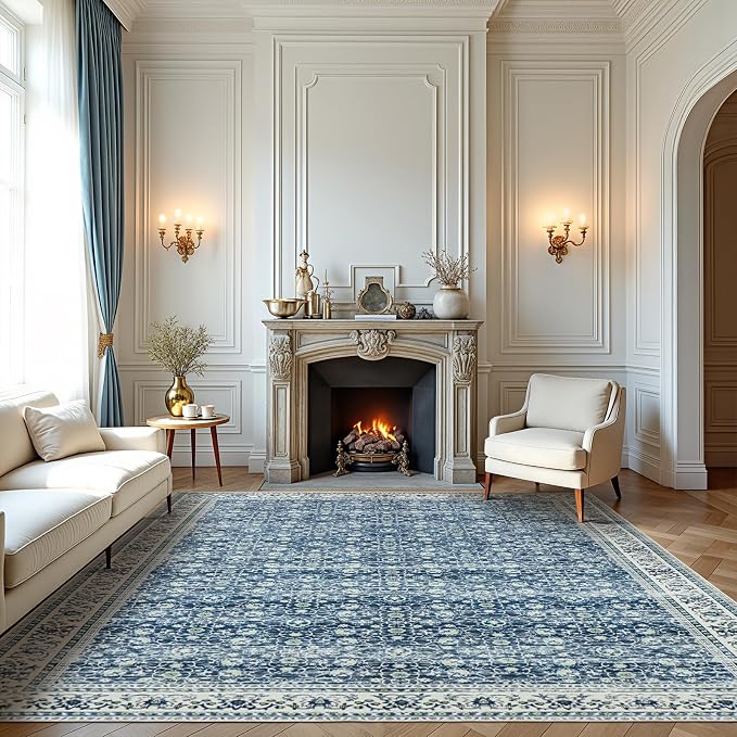 8x10 Boho Washable Area Rugs for Living Room, Dining Room-White Blue | Retro - Image 7