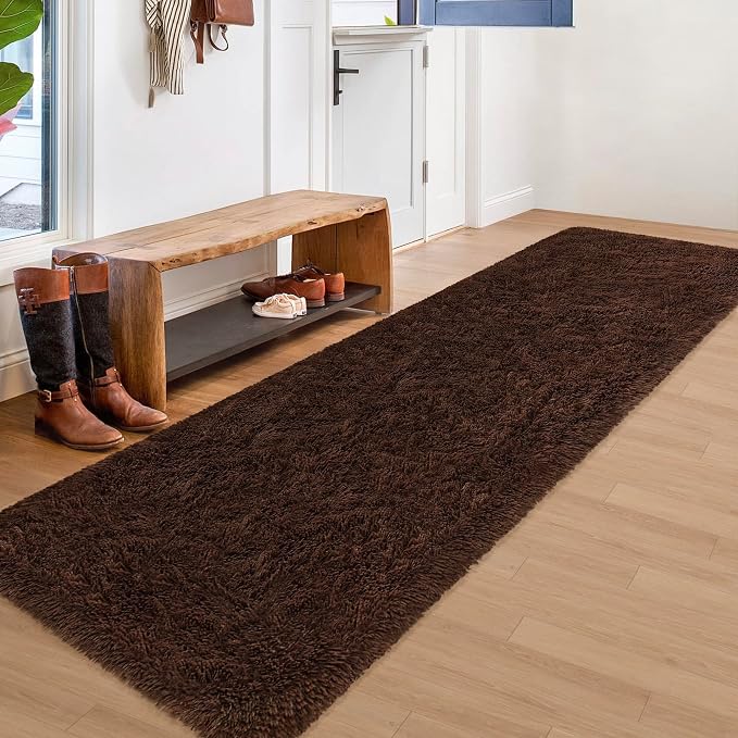 2x8 Bedside Area Rugs for Bedroom Soft Fluffy Shag Brown Rug for Hallway - Image 2
