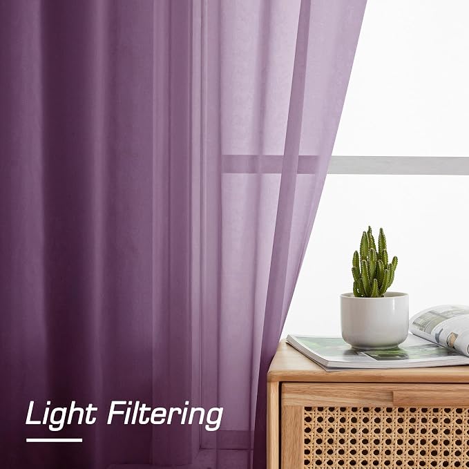 Sheer Curtains 96 Inches Long 2 Panels Set, Transparent Light Filtering Plam - Image 2