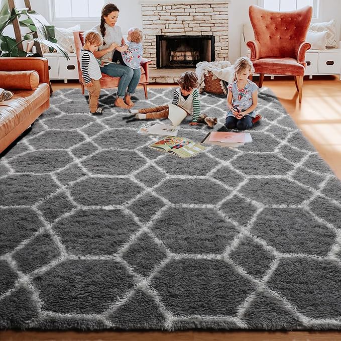 Area Rugs for Bedroom Living Room, 4x6 Fluffy Grey and White Geometric Rug | - Image 8