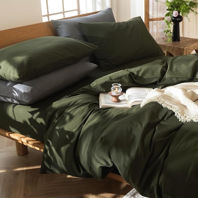 MooMee Bedding Duvet Cover Set 100% Washed Cotton Linen Like Textured Breathable Durable Soft Comfy (Solid Olive Green, Oversized Full 82"x86")