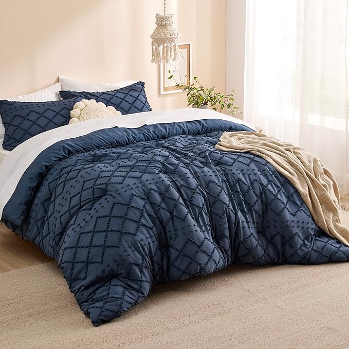 Bedsure Oversized King Comforter Set - Navy Blue Comforter, Boho Tufted Shabby Chic Bedding, 3 Pieces Vintage Farmhouse Bed Set for All Seasons, Fluffy Soft Bedding with 2 Pillow Shams