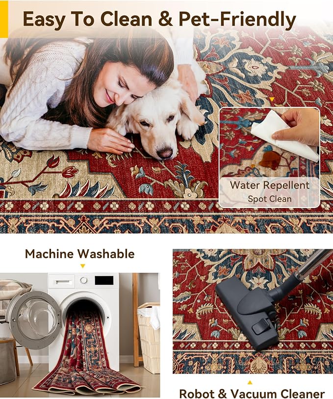 RELEANY Washable Area Rug, Water Repellent, Pet Friendly, Vintage Floral Boho - Image 4