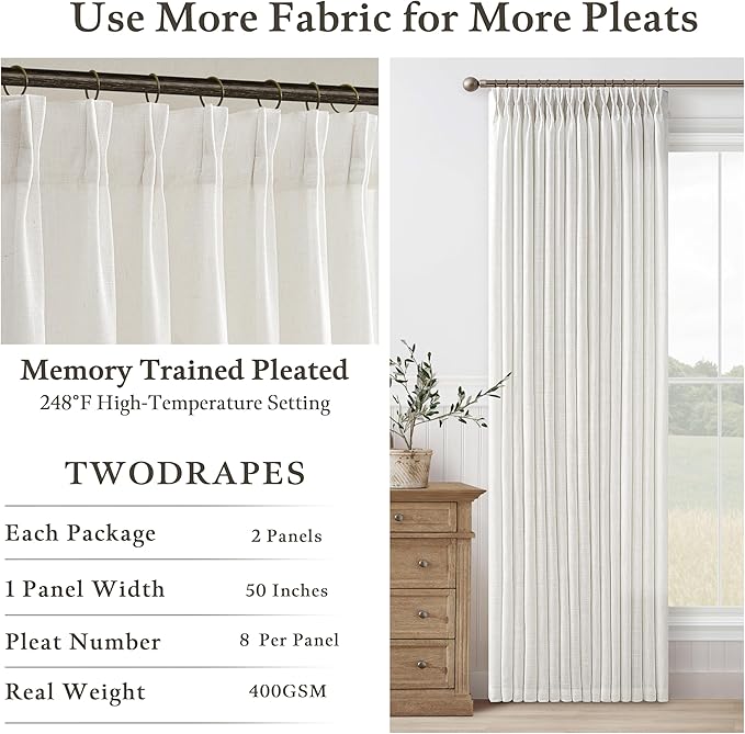 Beige White 98 Inch Pleated Linen Memory Trained Semi Sheer Curtains 50W | - Image 4