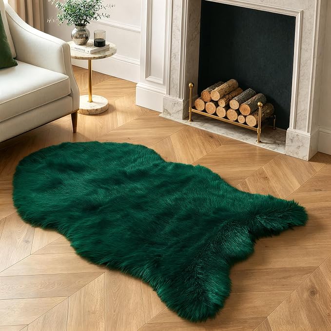 MIULEE Fluffy Area Rug 3'x5' Large Faux Fur Sheepskin Rug Dark Green | Luxury - Image 5