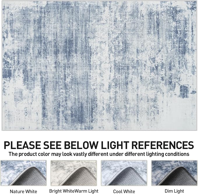 9x12 Area Rugs for Living Room: Washable Abstract Blue White Badroom Carpet | - Image 7