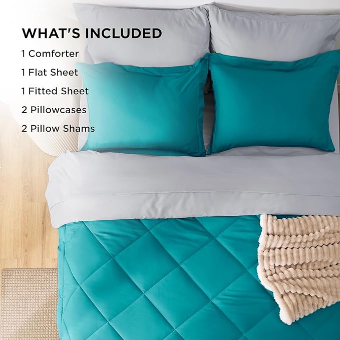 Bedsure Full Size Comforter Set - 7 Pieces Reversible Teal Bedding, Full Size Bed Set for All Seasons, Bed in a Bag with Down Alternative Comforter, Sheets, Pillowcases & Shams