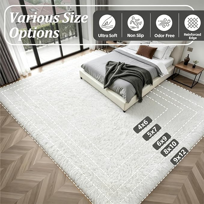 Area Rug Living Room Bedroom: 4x6 Fluffy Plush Shag Carpet Ivory | - Image 9