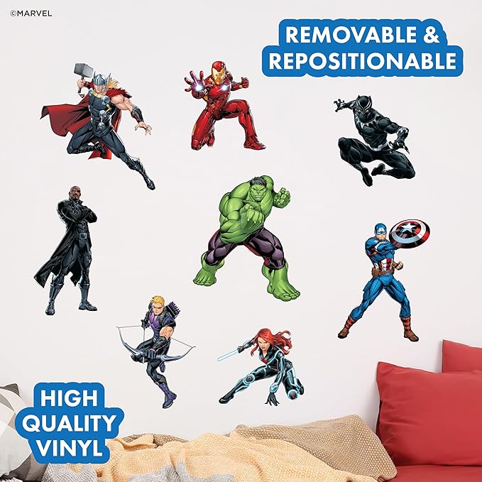 Marvel The Avengers Wall Decals – Set of 8 Hulk Iron Man Captain America Black Panther Removable Vinyl Stickers for Kids Bedroom Playroom Bathroom - Peel and Stick Room Décor