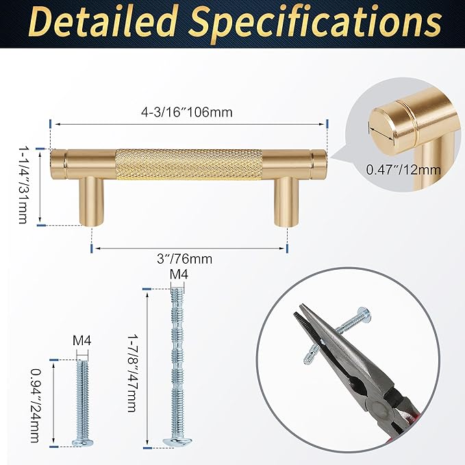 Knurled Cabinet Pulls 12 Pack, 4 Inch Long Cabinet Handles Metal Door Pulls, Kitchen Drawer Pull Knurled Dresser Handles - 3" Hole to Hole, Golden