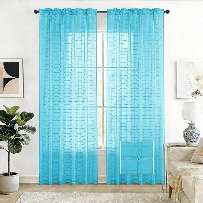 SpaceDresser Check Sheer Curtains 108 Inches Long by SpaceDresser