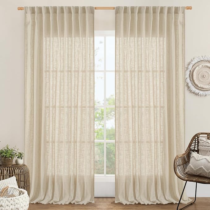 Extra Wide Linen Curtains for Bedroom Semi Sheer Panels 84 Inch | Light by LAMIT