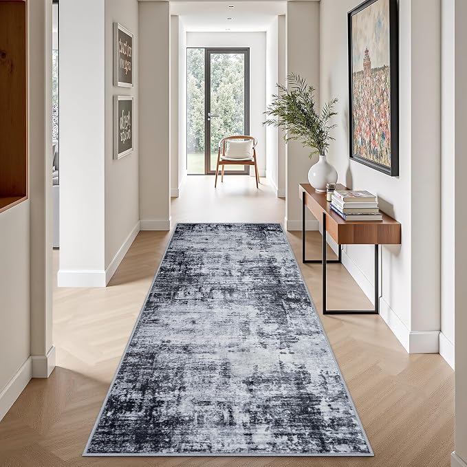 2.6x8 Washable Runner Rug：Modern Abstract Soft Carpet Dark Black | - Image 3