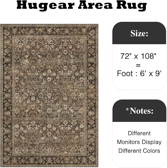 6x9 Brown Vintage Floral Washable Area Rug - Image 2