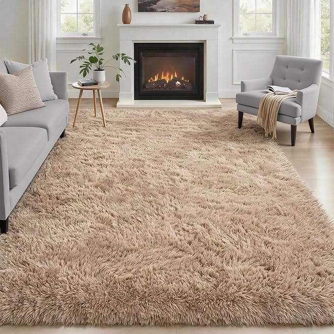 Area Rug Living Room Bedroom: 4x6 Fluffy Plush Shag Carpet Beige | by Luxturiy