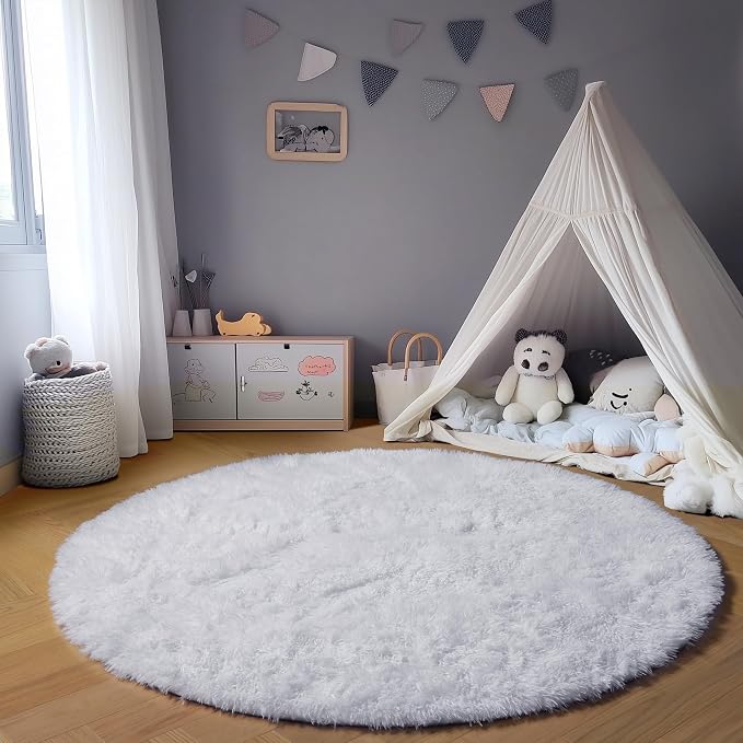 White Round Rugs 6ft for Living Room Bedroom, Fluffy Circle Area Rug for Kids - Image 3