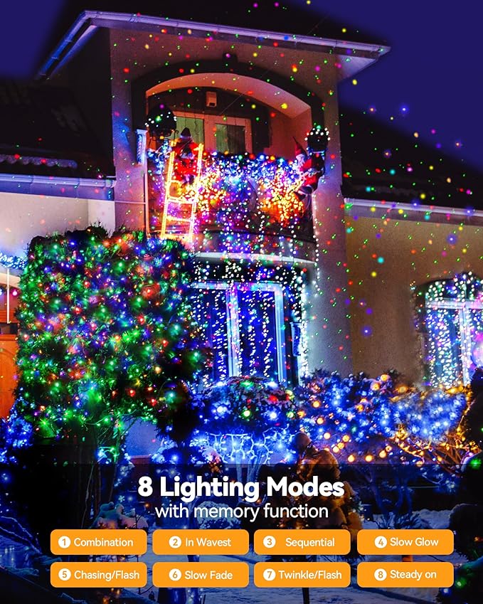 Blingstar Christmas String Lights - 98.4 Ft+9.8 Ft 300 LED Extendable Plug-in 8 Modes Multicolored Decorative Lights for Indoor Outdoor Xmas Tree Wedding Party, Long & Bright