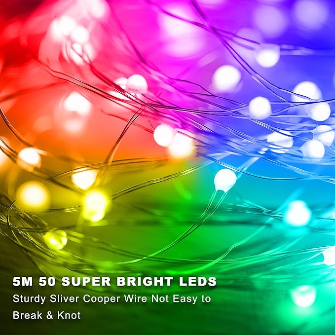 Christmas Multicolor Fairy Lights Battery Operated 4 Pack 16.4Ft 50 LEDs Silver Copper Wire Twinkle Lights for Halloween Bedroom Indoor Outdoor Wedding Dorm Parties Holiday Yard Decorations